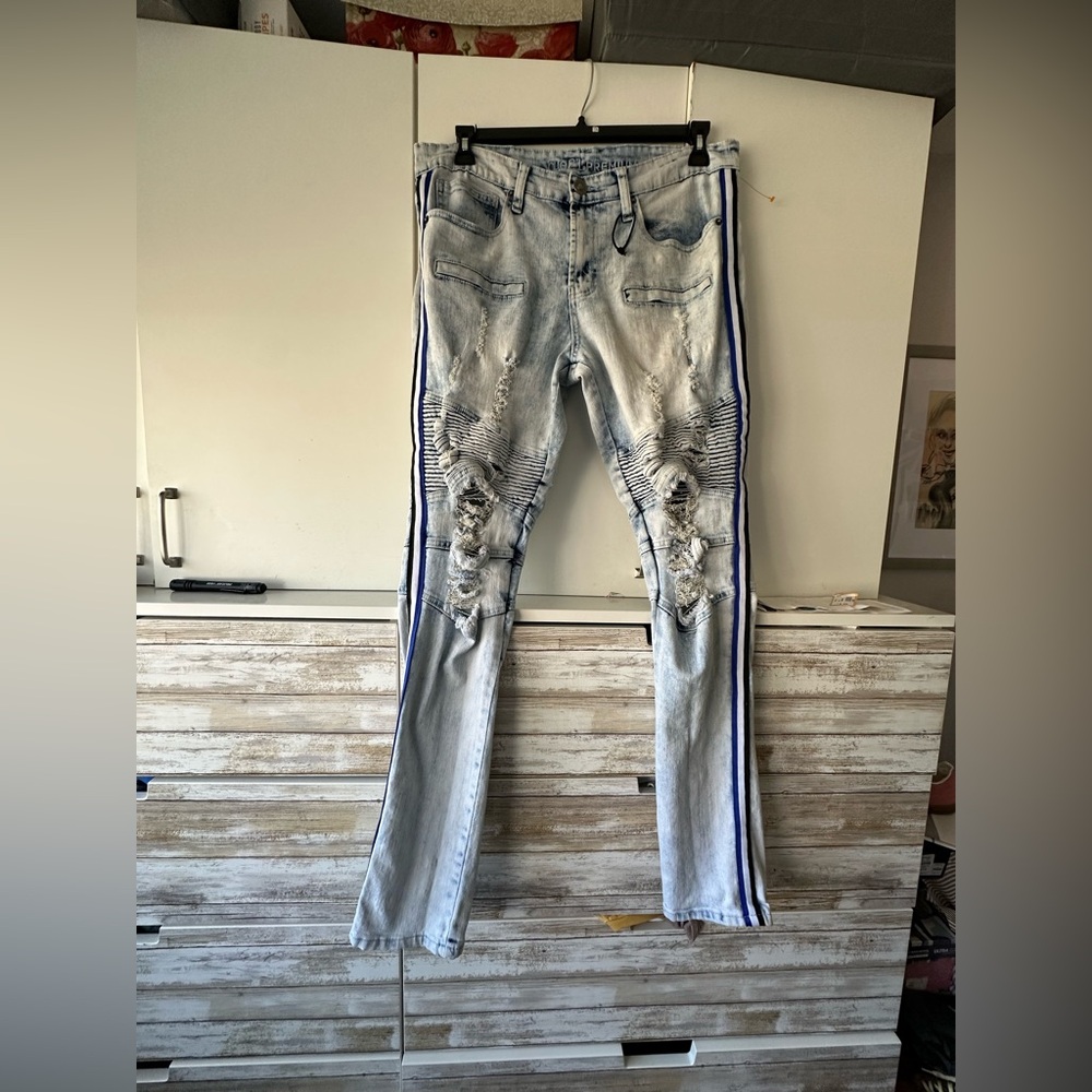 Rue21 Premium Super Skinny Moto Jeans 32x30 Light Wash Distressed Stripe
